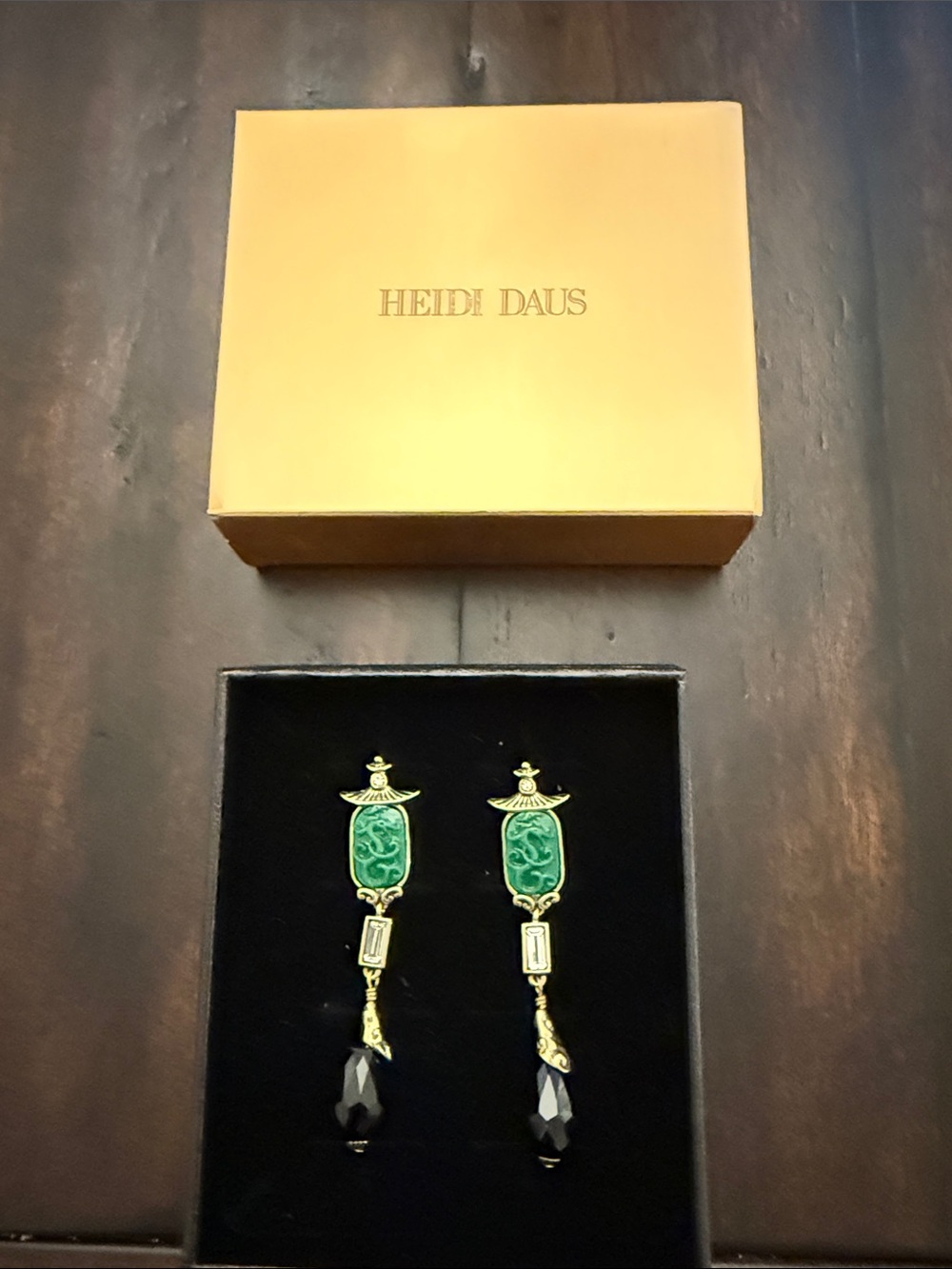 Heidi Daus Green Enamel and Black Faceted Drop Earrings